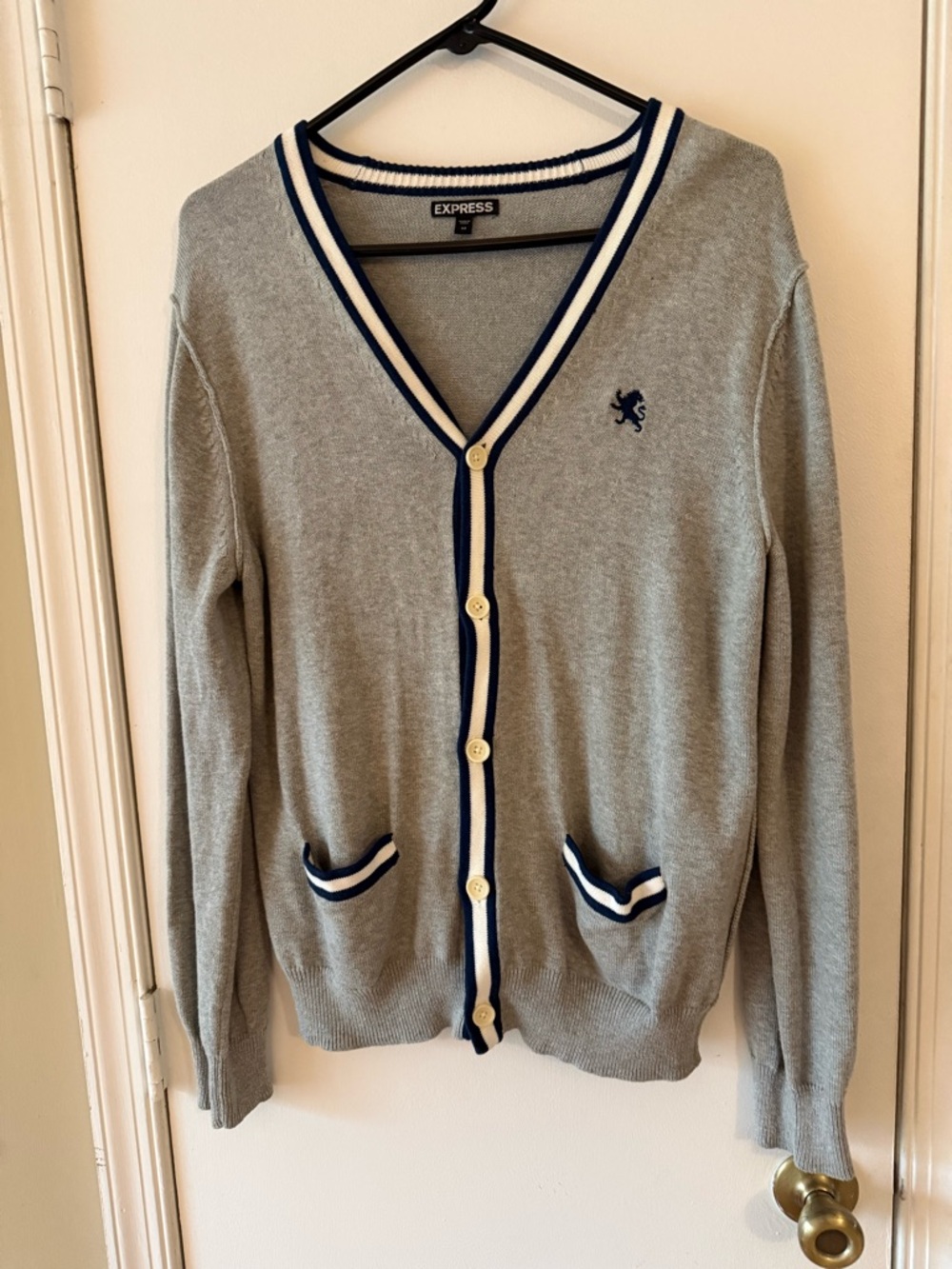 Express Men’s Gray Cardigan with Navy & White Trim